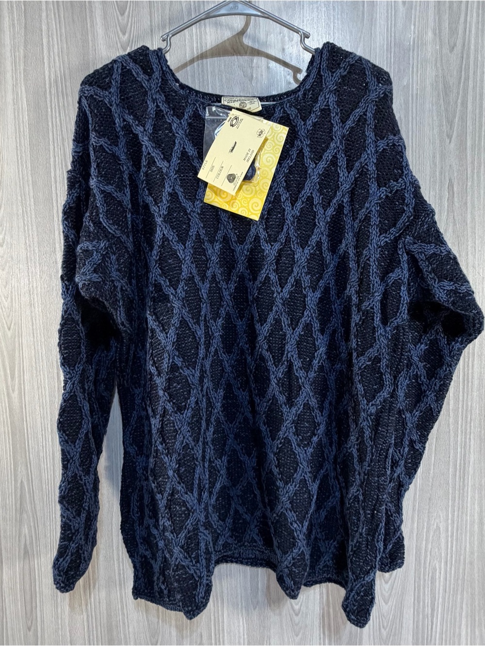 Connemara Irish Merino Wool Pullover Sweater Blue Trellis Knit Wear Chucky Sz L